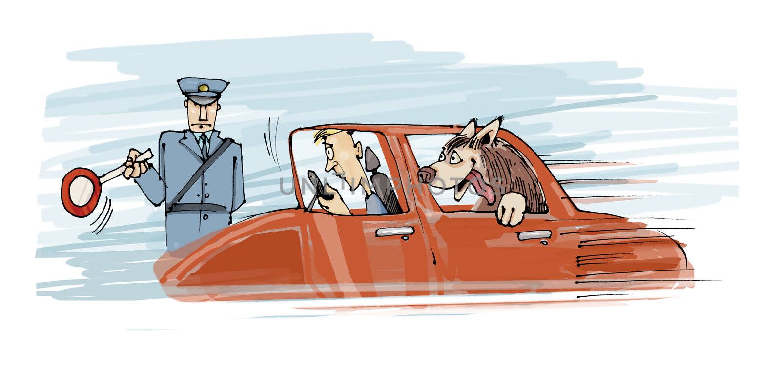 illustration of policeman stops the car with dog and his owner