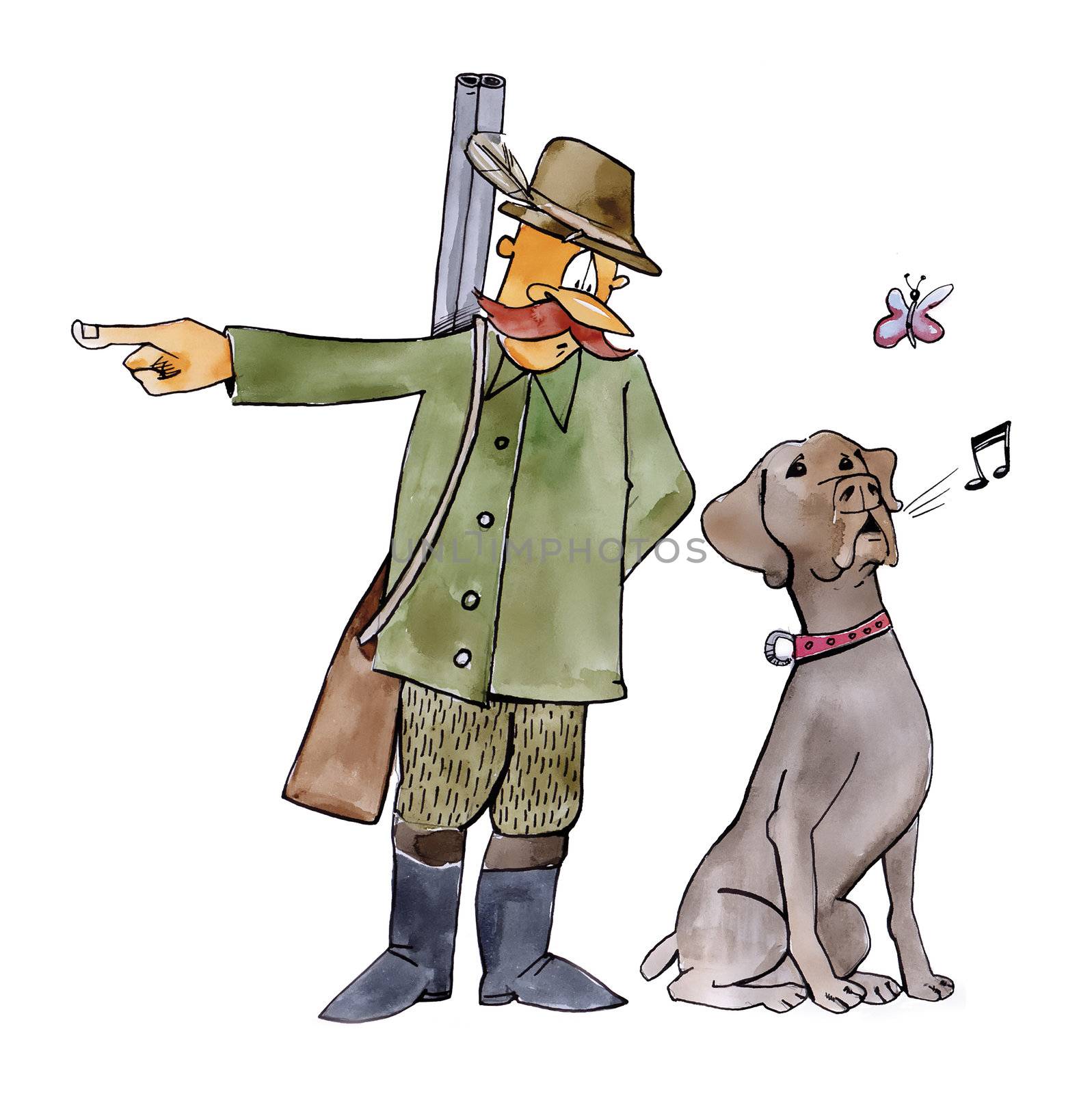 humorous illustration of retriever dog on hunting