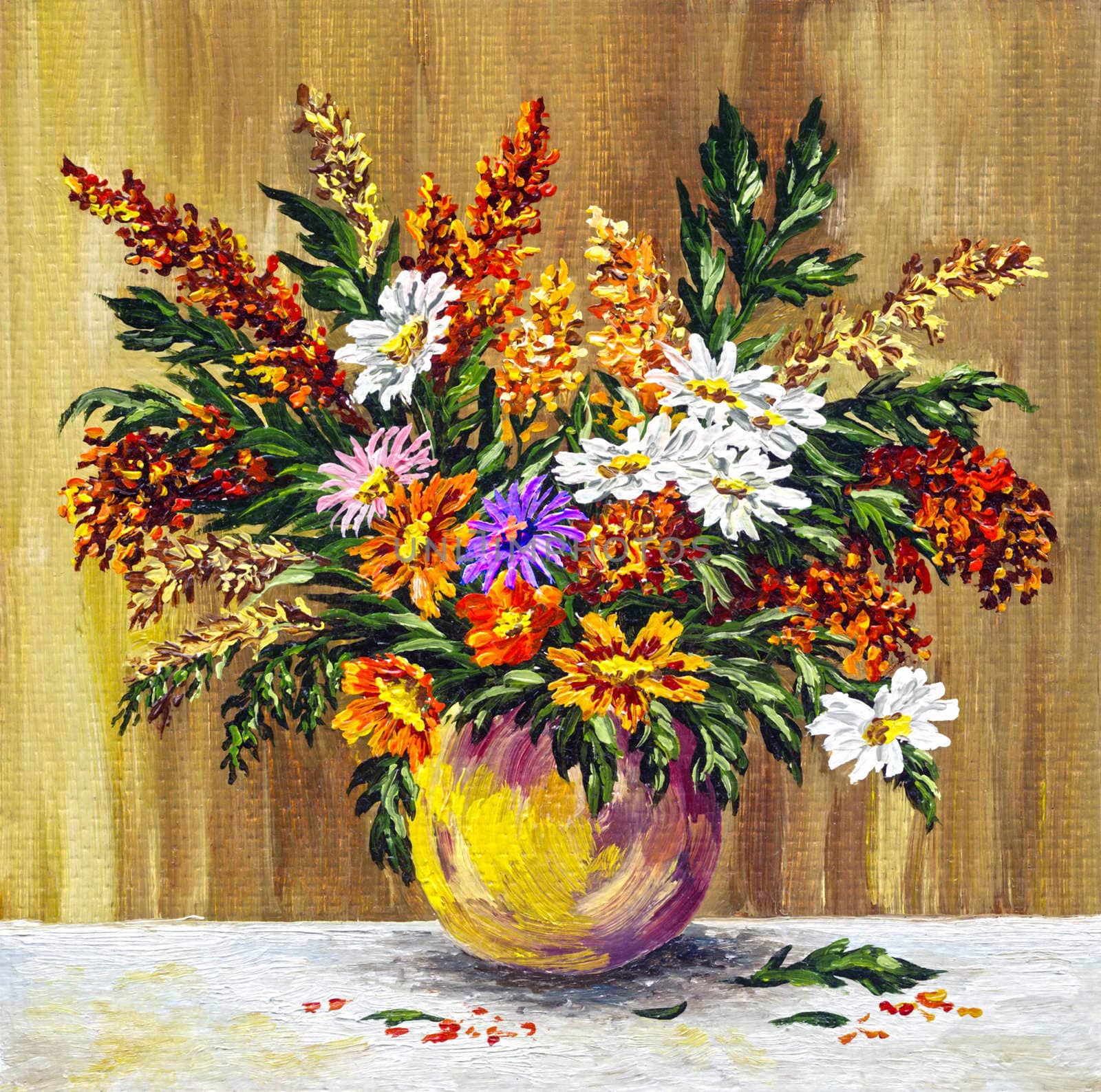 Picture oil paints on a canvas: bouquet of wild flowers in a clay pot
