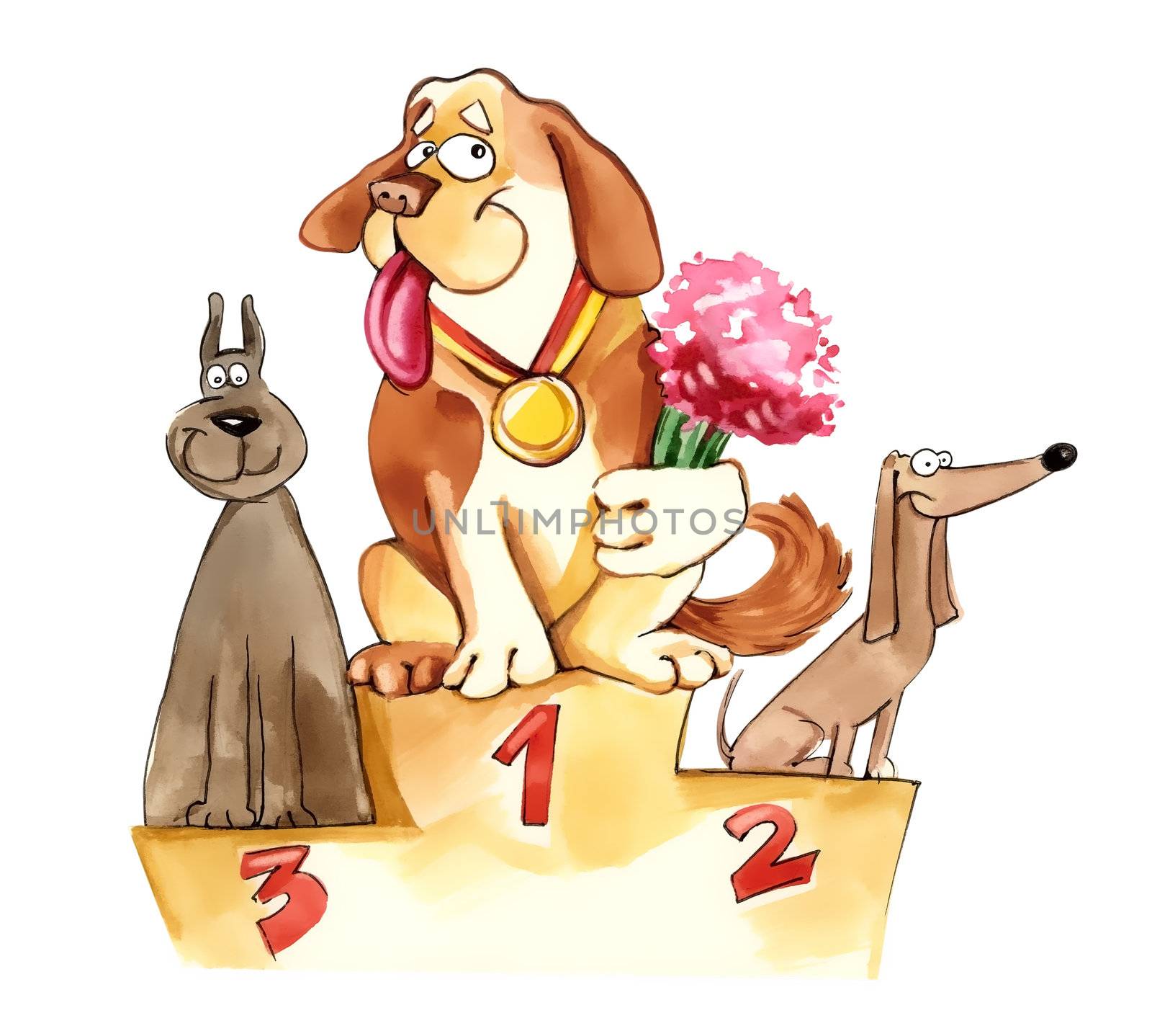 humorous illustration of dogs on exhibition podium