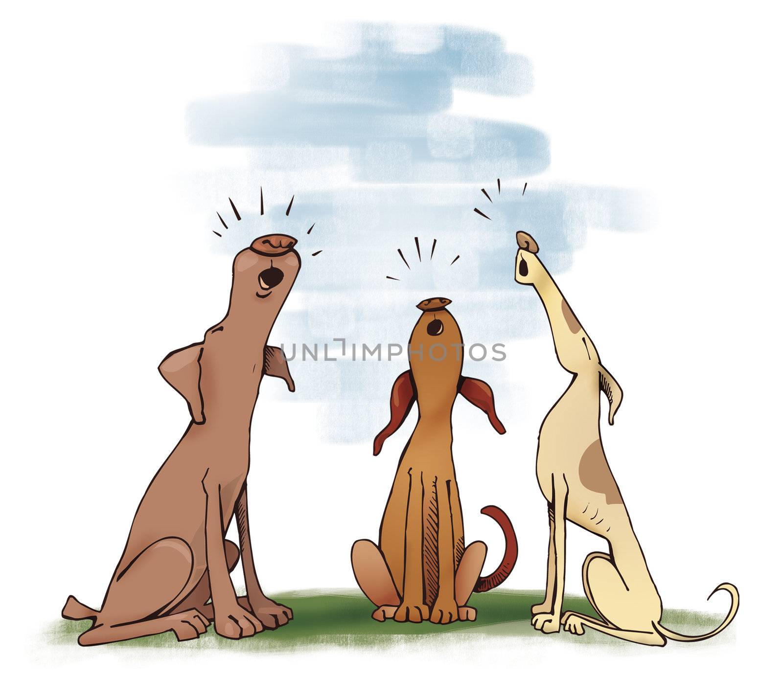 Humorous illustration of three howling dogs
