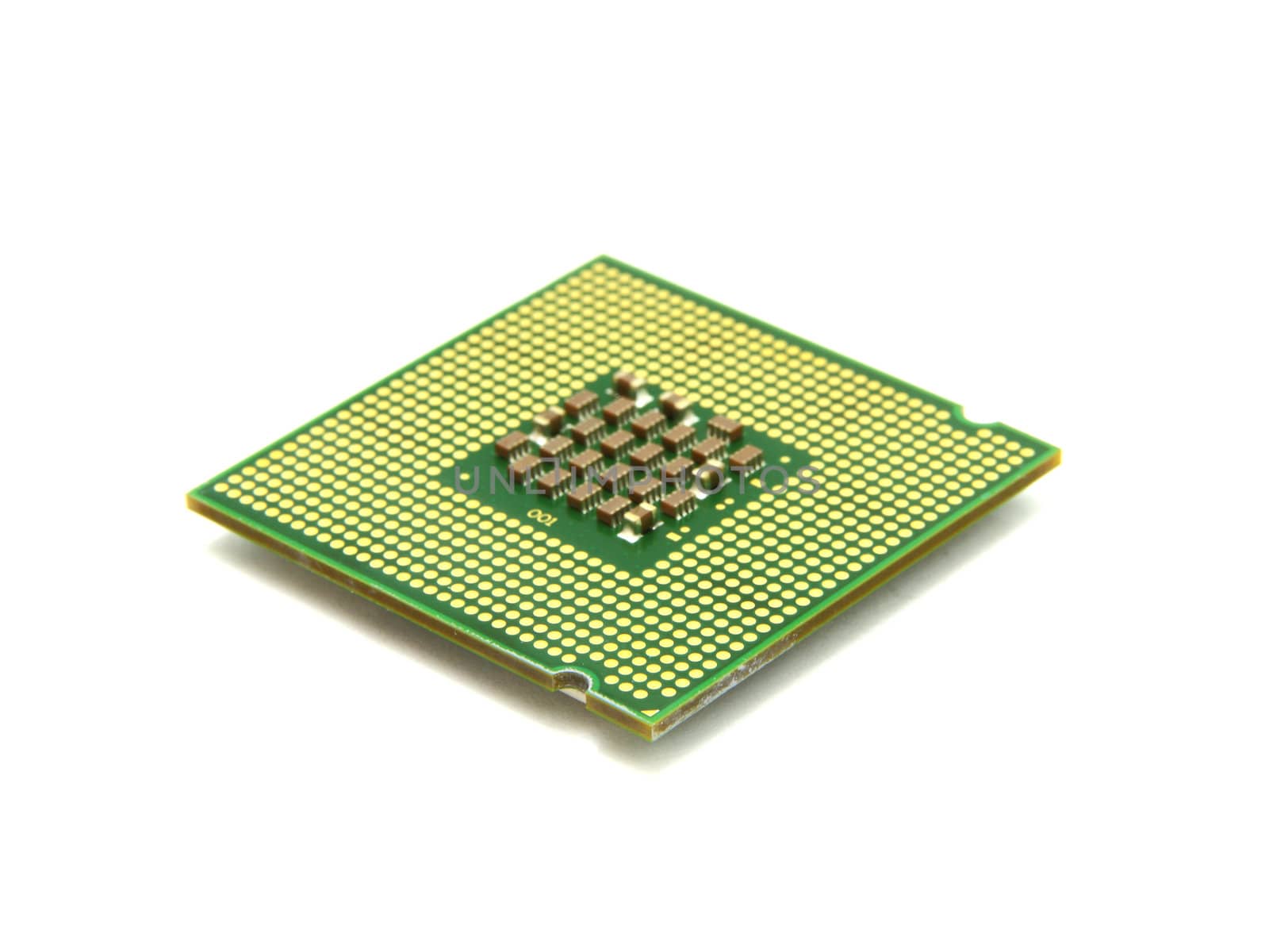 The computer the processor on a white background is isolated gold color with a microcircuit