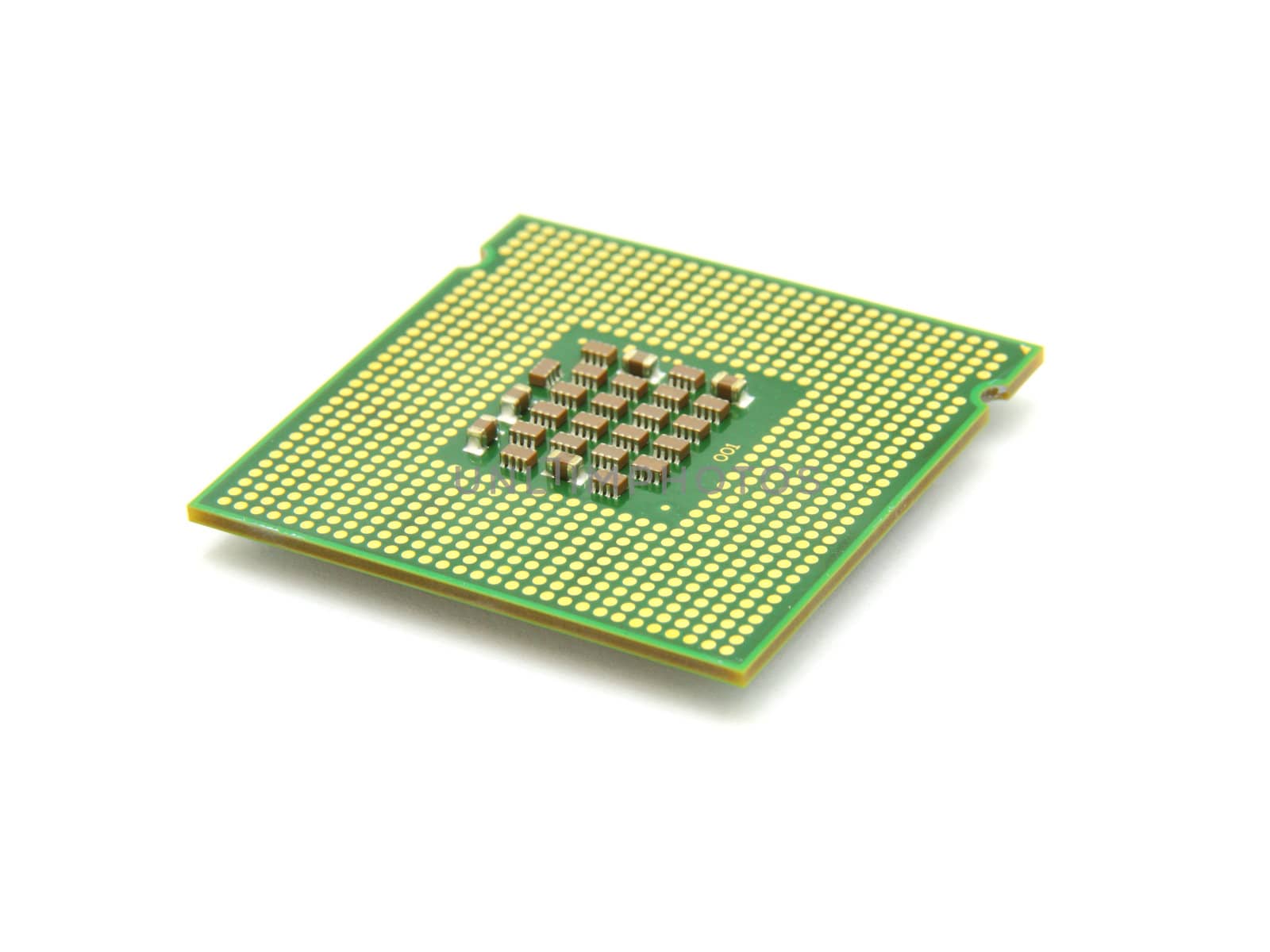 The computer the processor on a white background is isolated gold color with a microcircuit