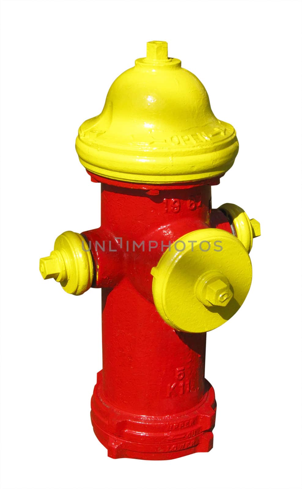 Fire hydrant painted in red and yellow so it can easily be seen near shrubs or snow