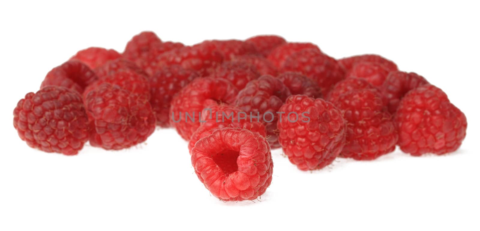 Raspberries against a white background.Selective focus on the closest fruit.
