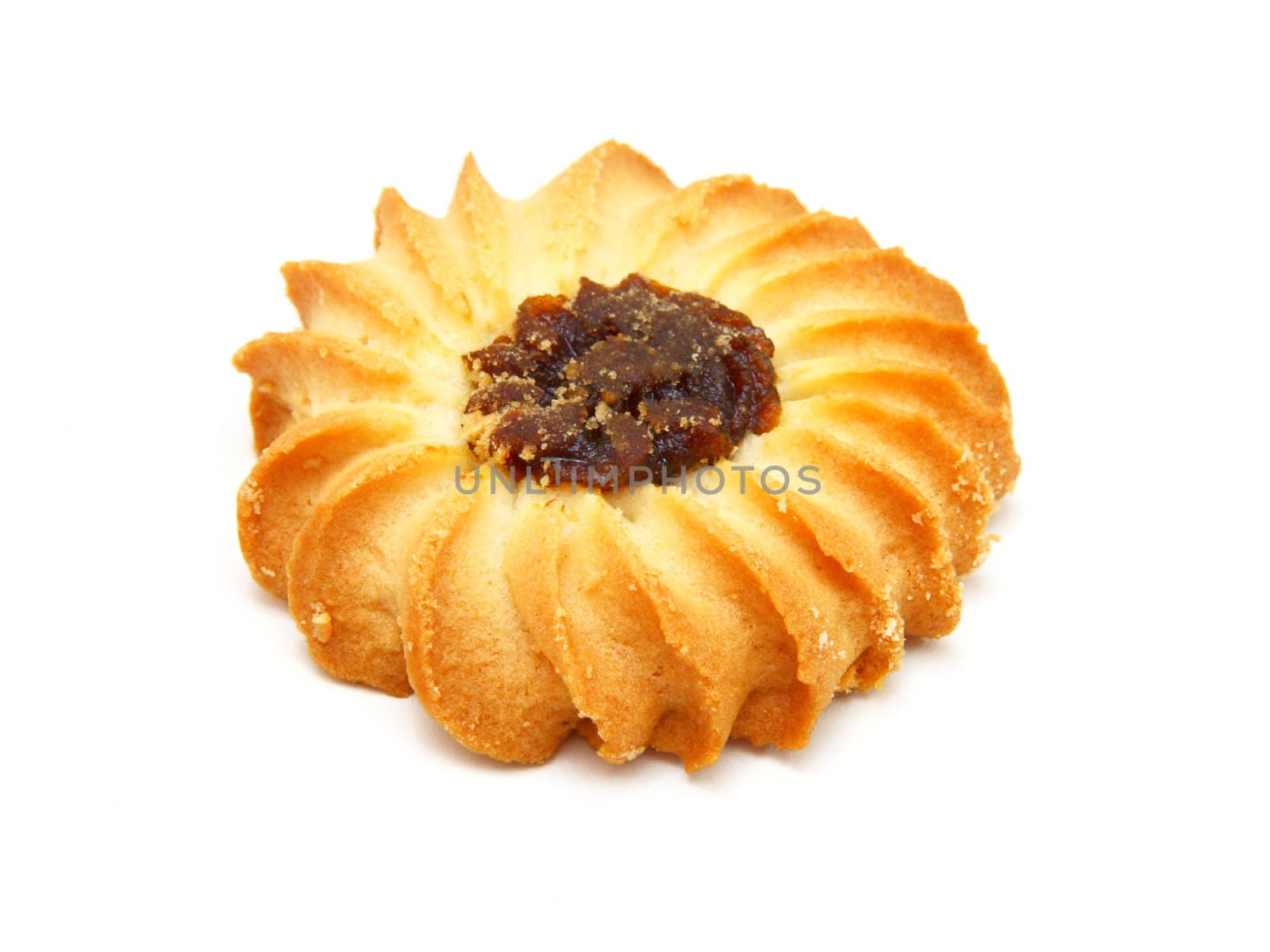 Tasty cookies with jam on a white background