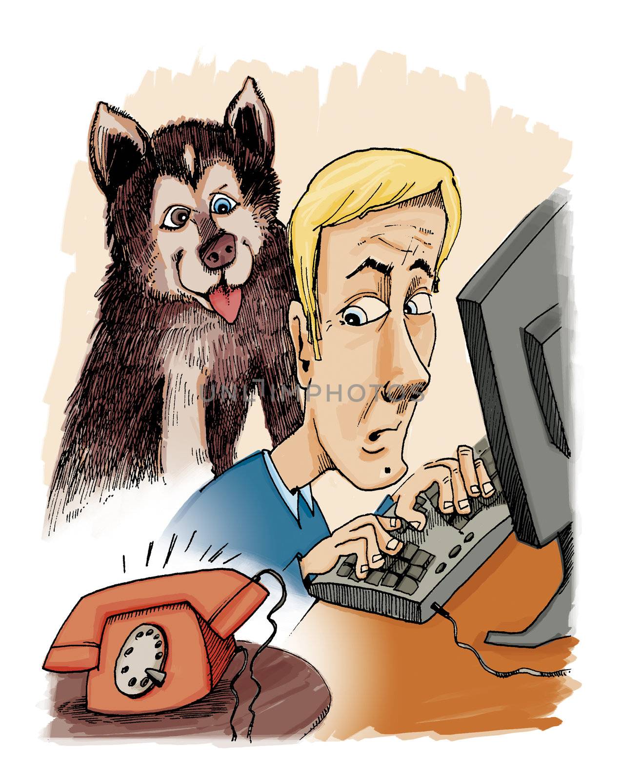 illustration of husky dog his owner and phone calling