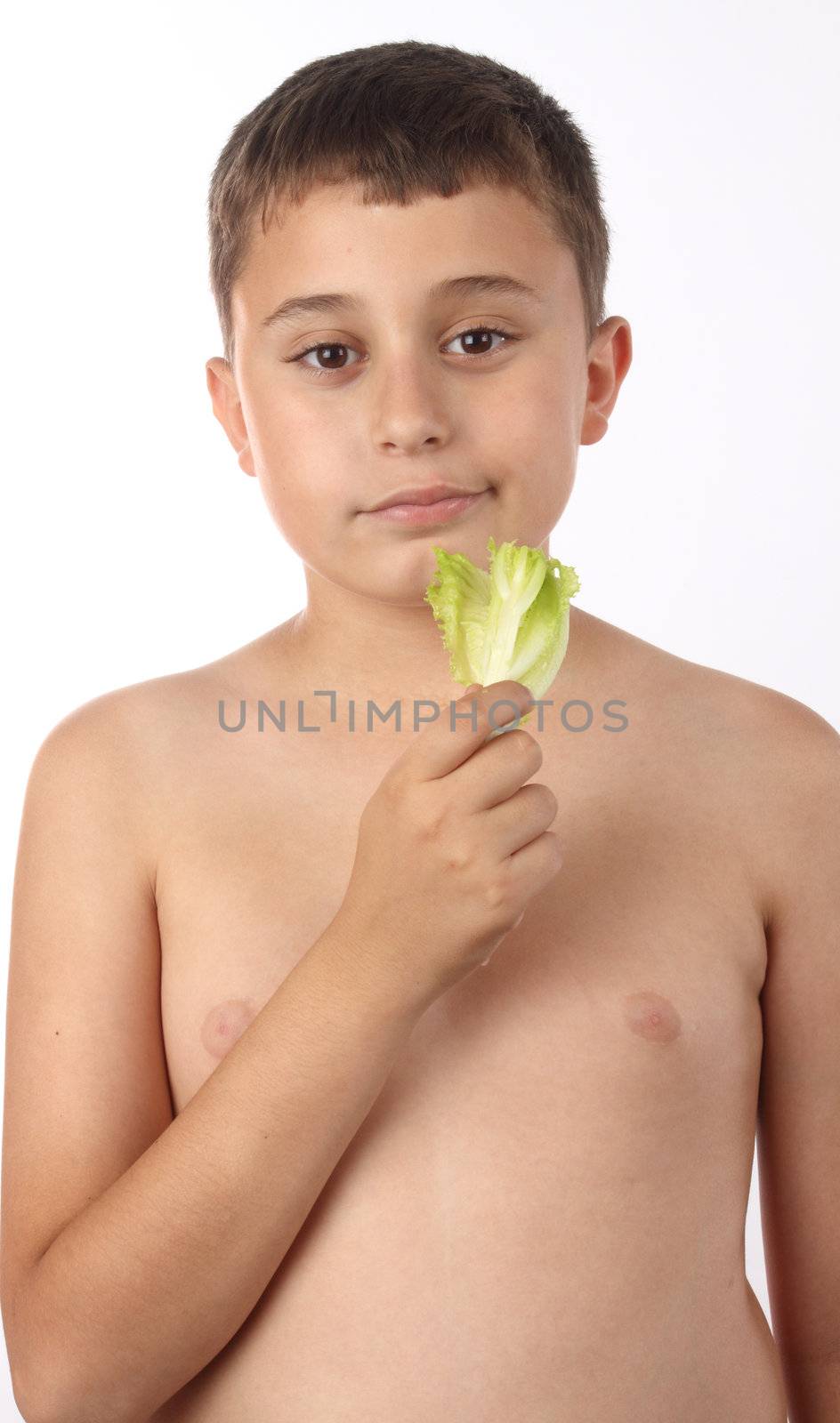 Boy eating a sprig of lettuce. Healthy diet concept