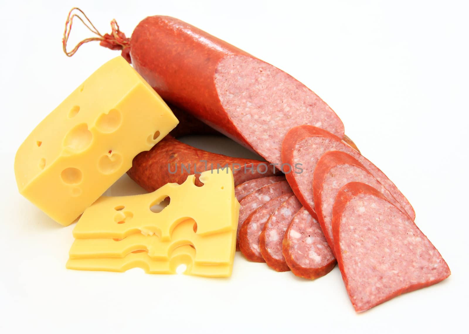 Fresh sausage with cheese on a white background