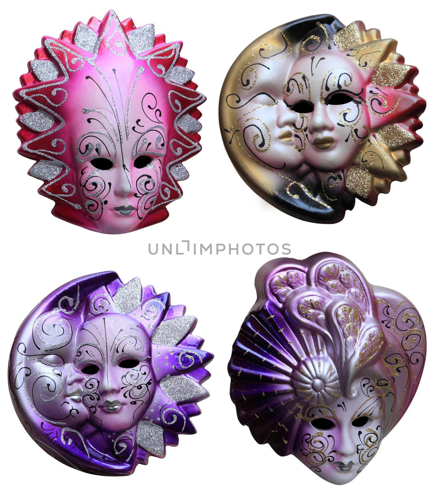 Collage of four colorful Venetian masks isolated against a white background.