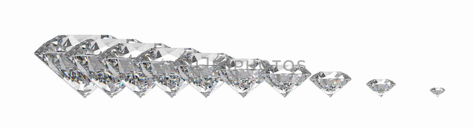 Diamonds in a row isolated on white, 3d render