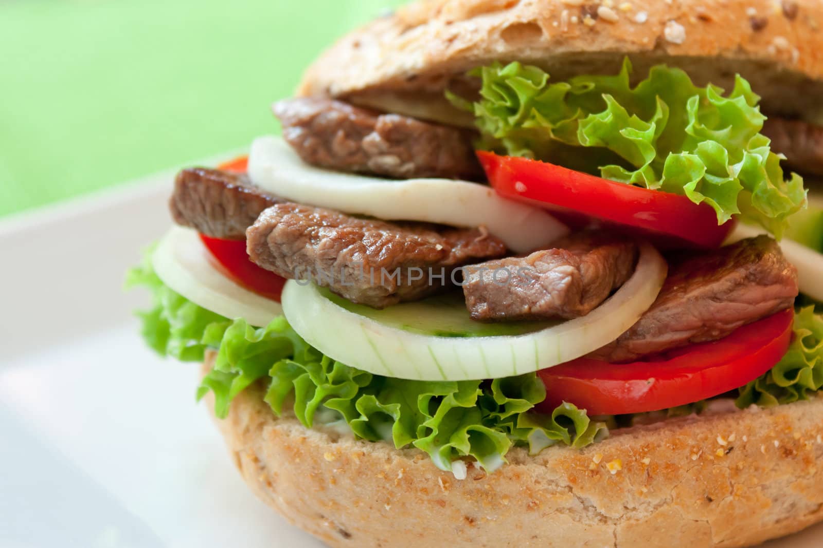 Fresh and healthy sandwich with vegetables and beef sliced