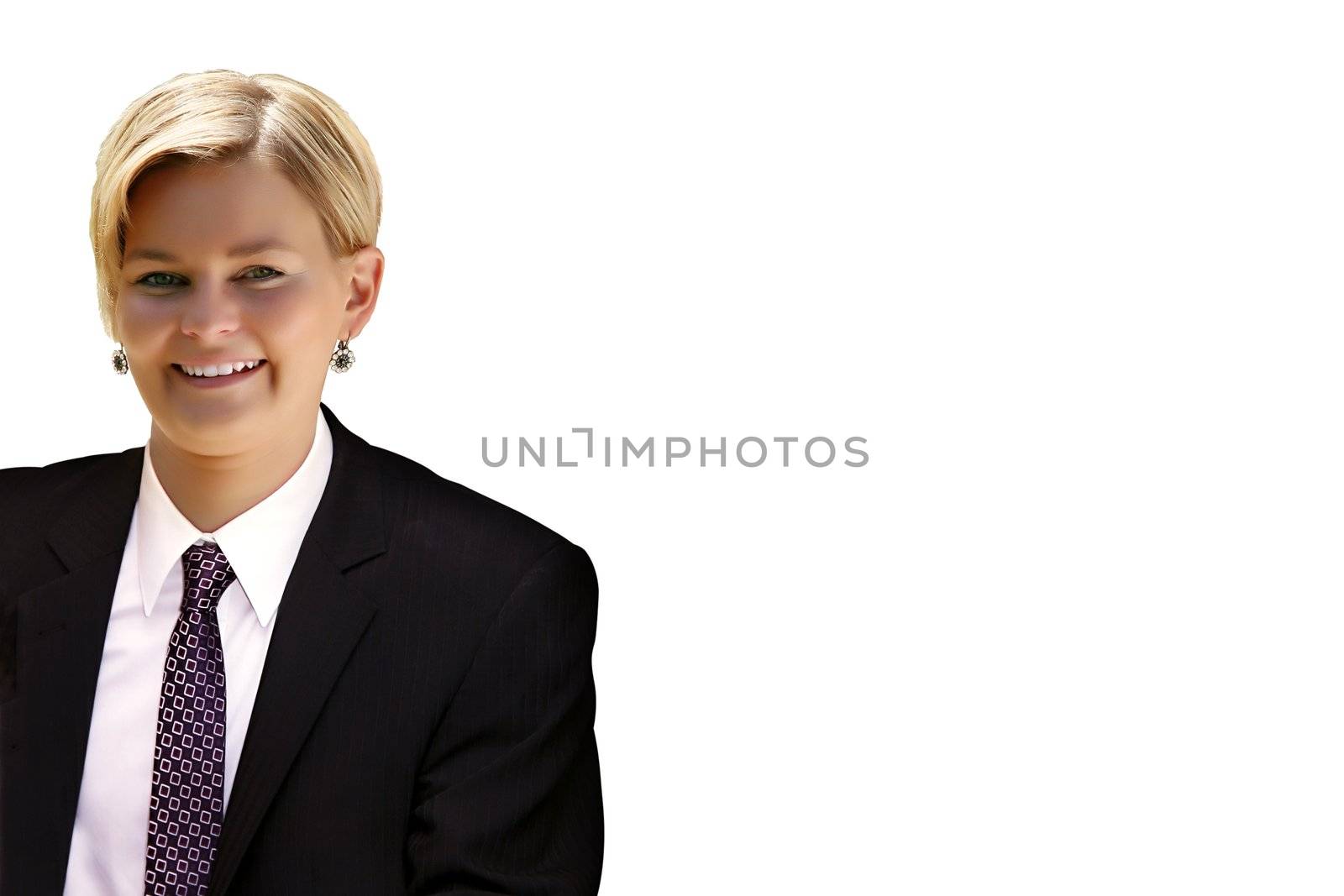 pretty business woman in suite on white ground