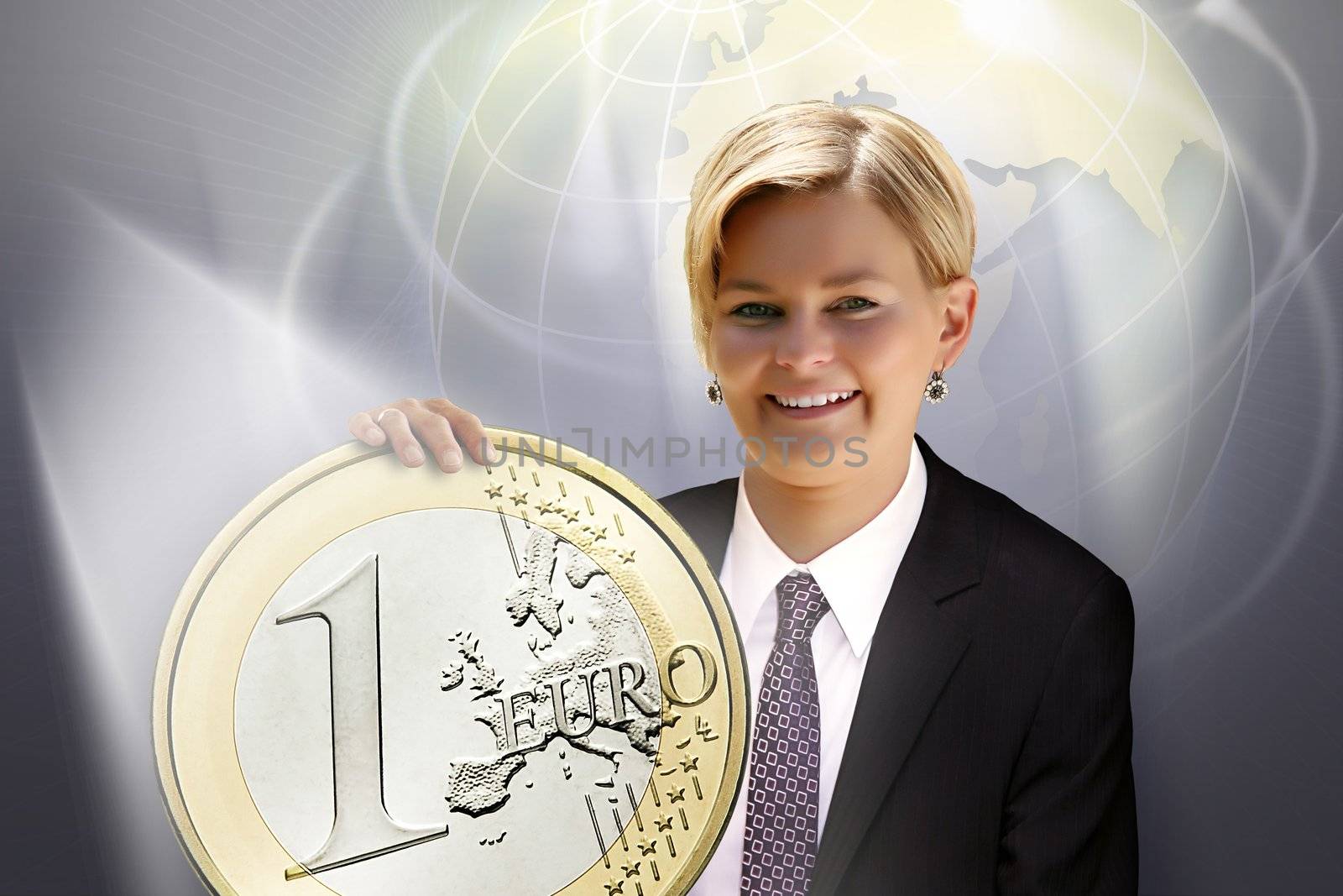 young woman is holding the euro coin