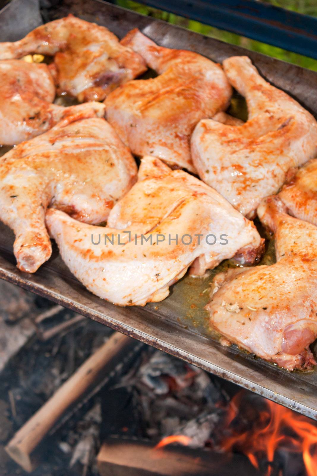 Chicken with honey and spices, cooking on a wood fire