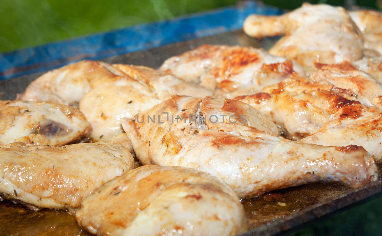 Chicken with honey and spices, cooking on a wood fire