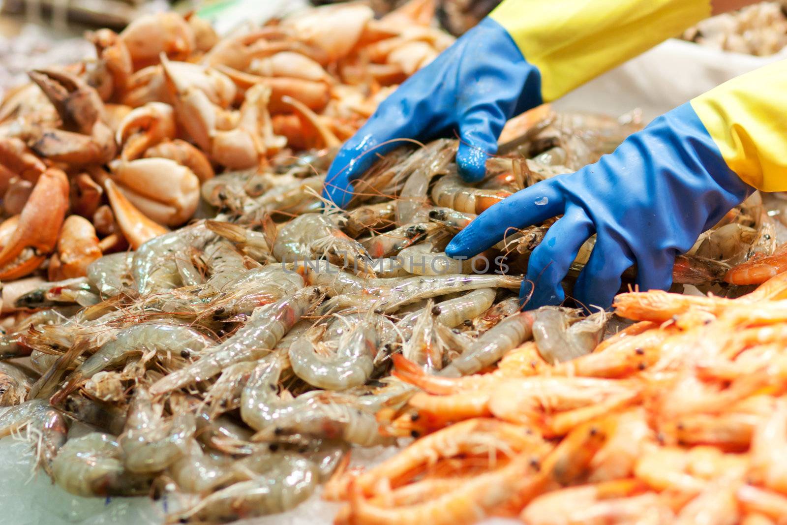 Raw and cooked shrimps in a fish market