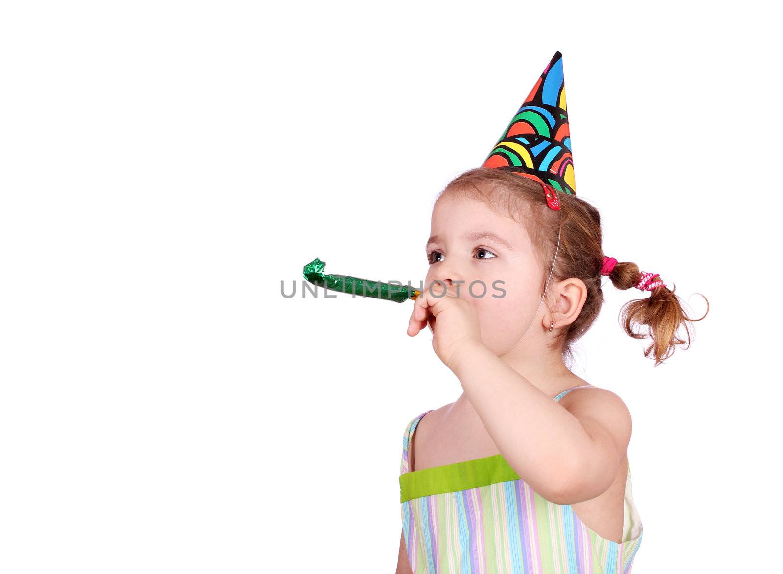 child with birthday hat on white by goce