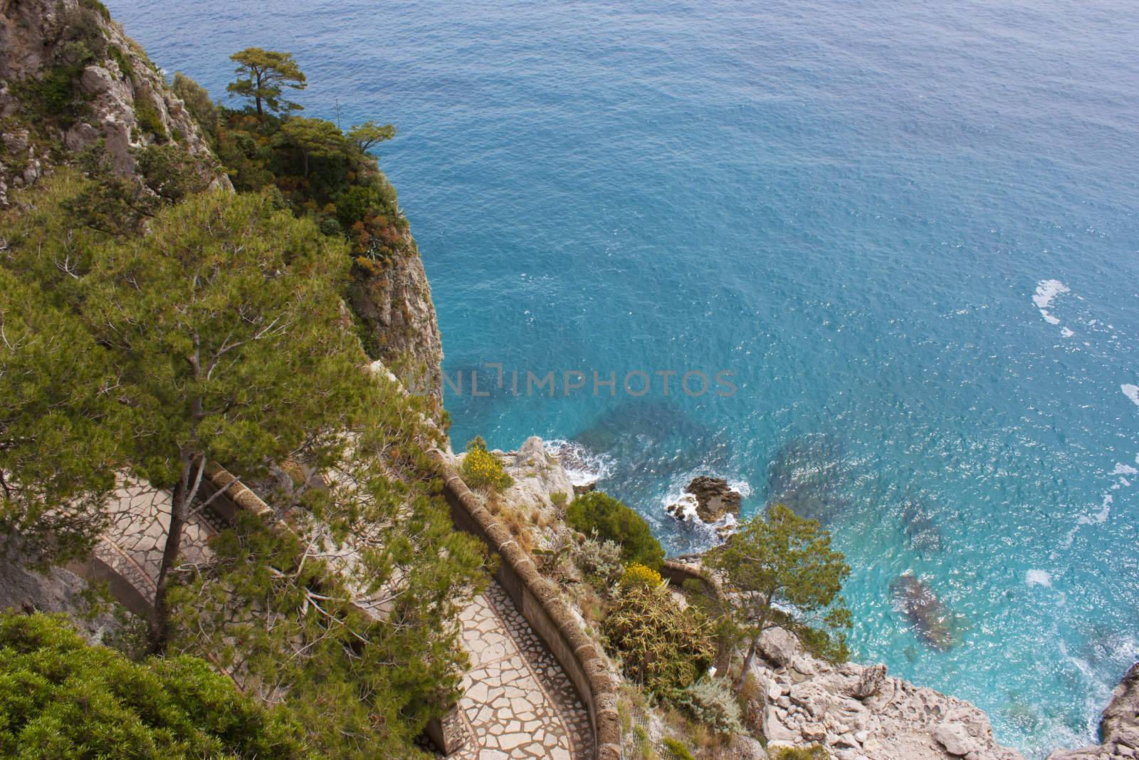 Coast of Capri Island, view of sea and sea-cliff