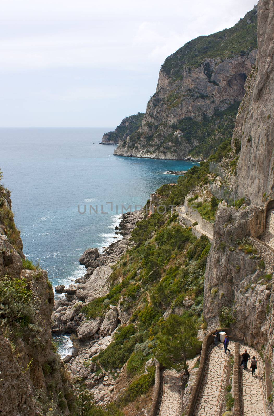 Coast of Capri Island, view of sea and sea-cliff