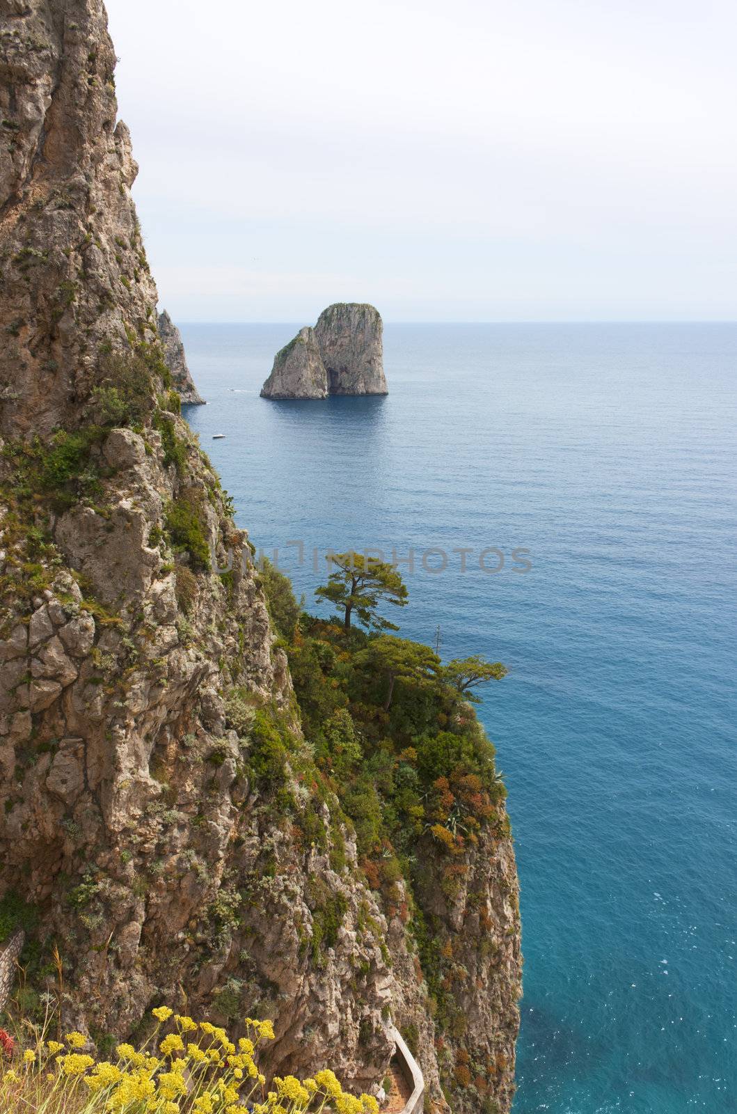 Coast of Capri Island, view of sea and sea-cliff