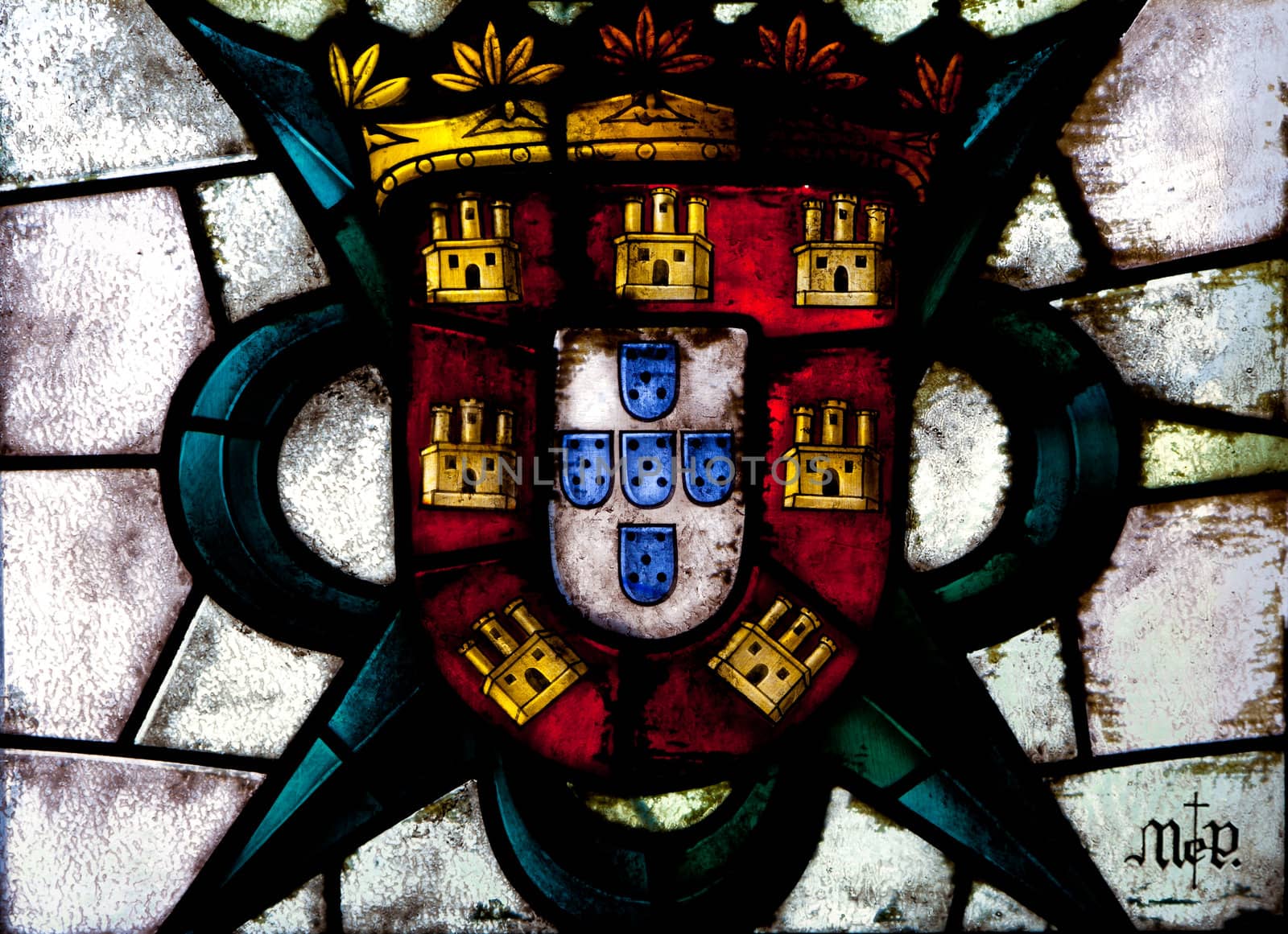 Wonderful ancient stained glass window formed of multiple colors