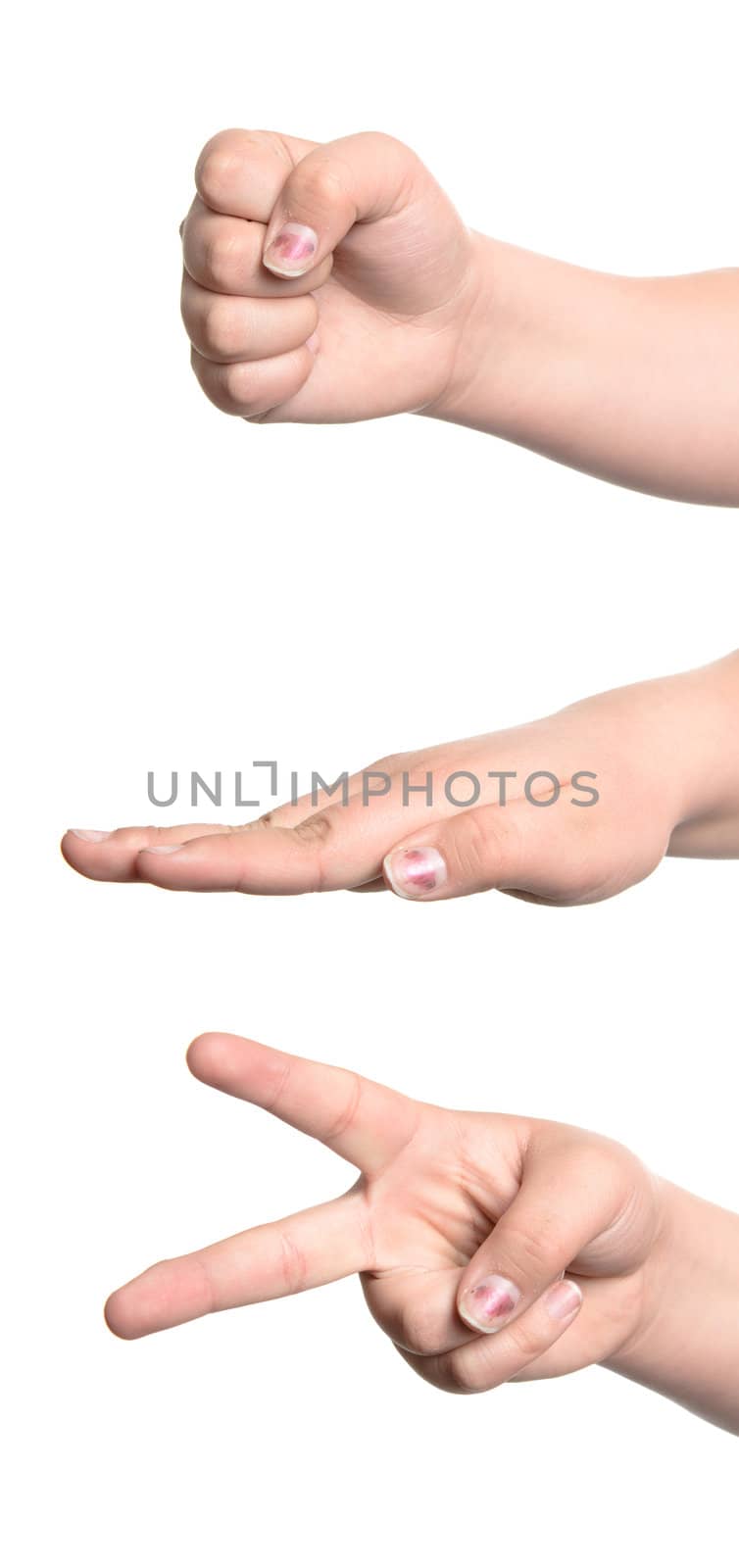 Decision making game of rock paper scissors, isolated against a white background.