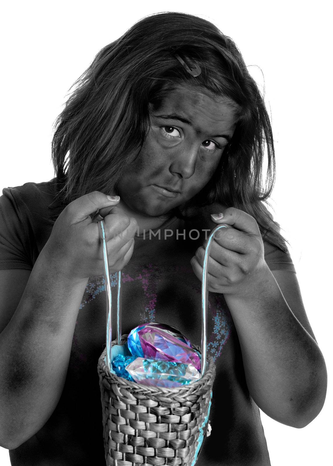 A dirty child is holding a bag of jewels, isolated against a white background.
