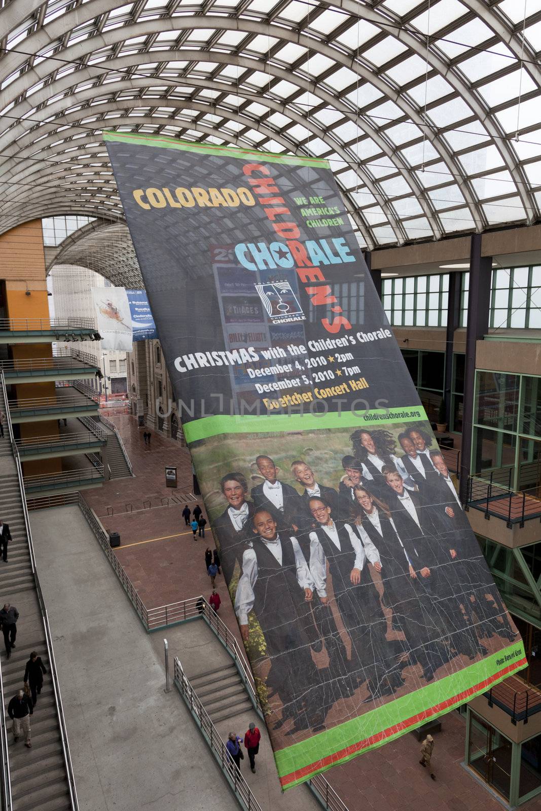 DENVER, USA, April 3, 2011. The Denver Center for Performing Arts - a covered public passge with advertising banners for Colorado Children Chorale and Colorado Ballet. Denver, Colorado, April 3, 2011.