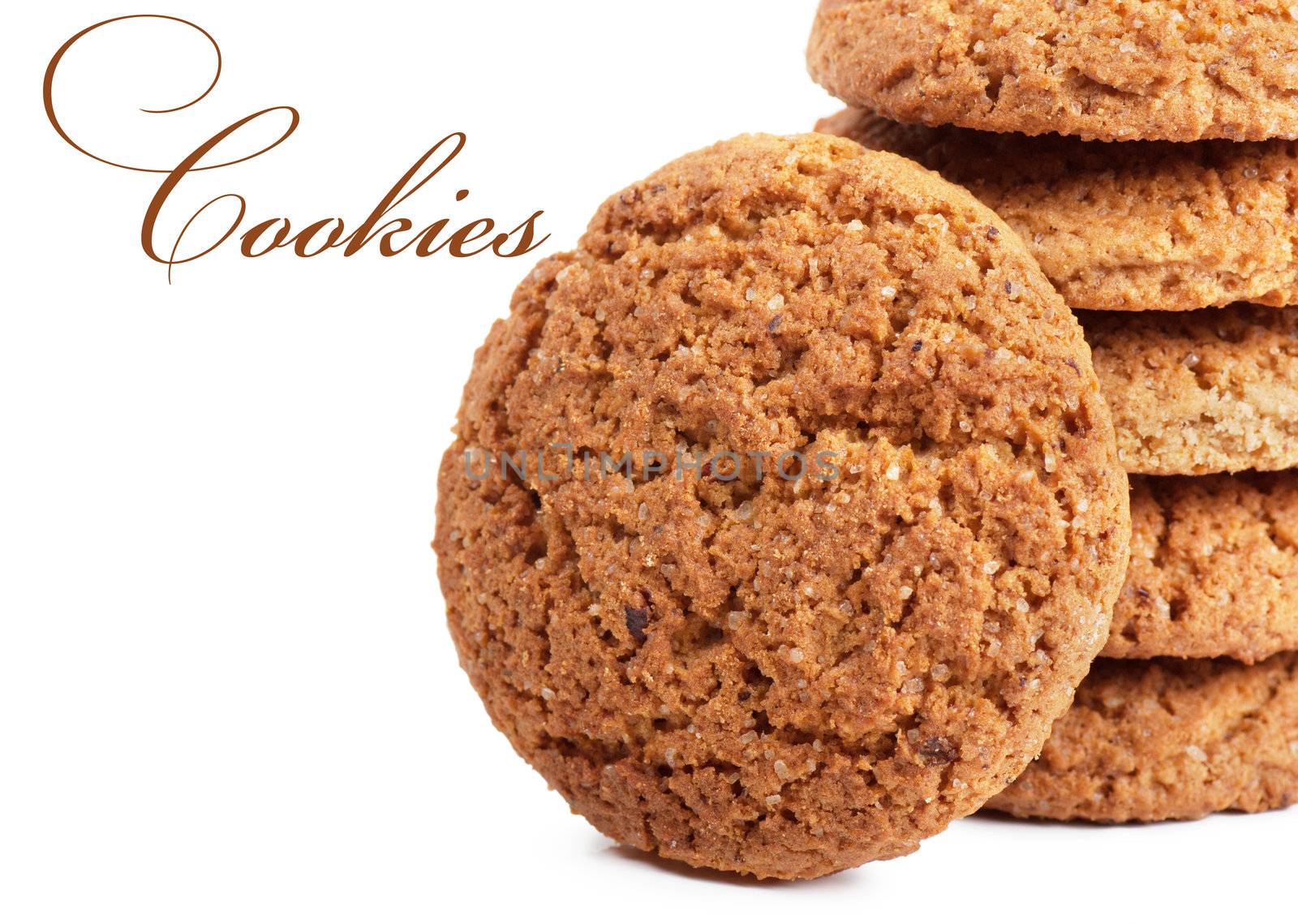 Closeup view of stack of oatmeal cookies over white background