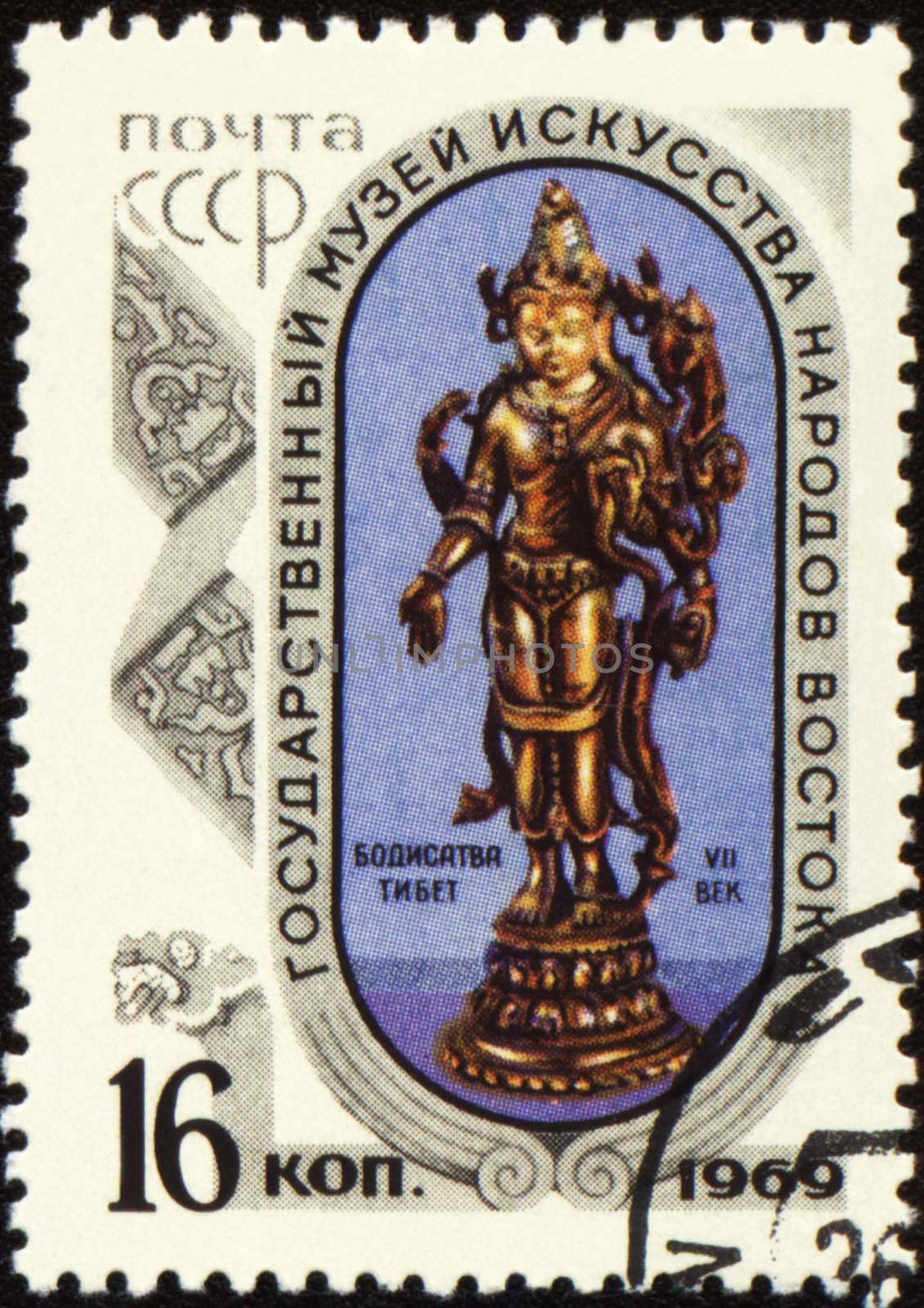 USSR - CIRCA 1969: A stamp printed in the USSR shows ancient statuette of Bodhisattva (Tibet, 7th century), series Museum of Oriental Art, circa 1969