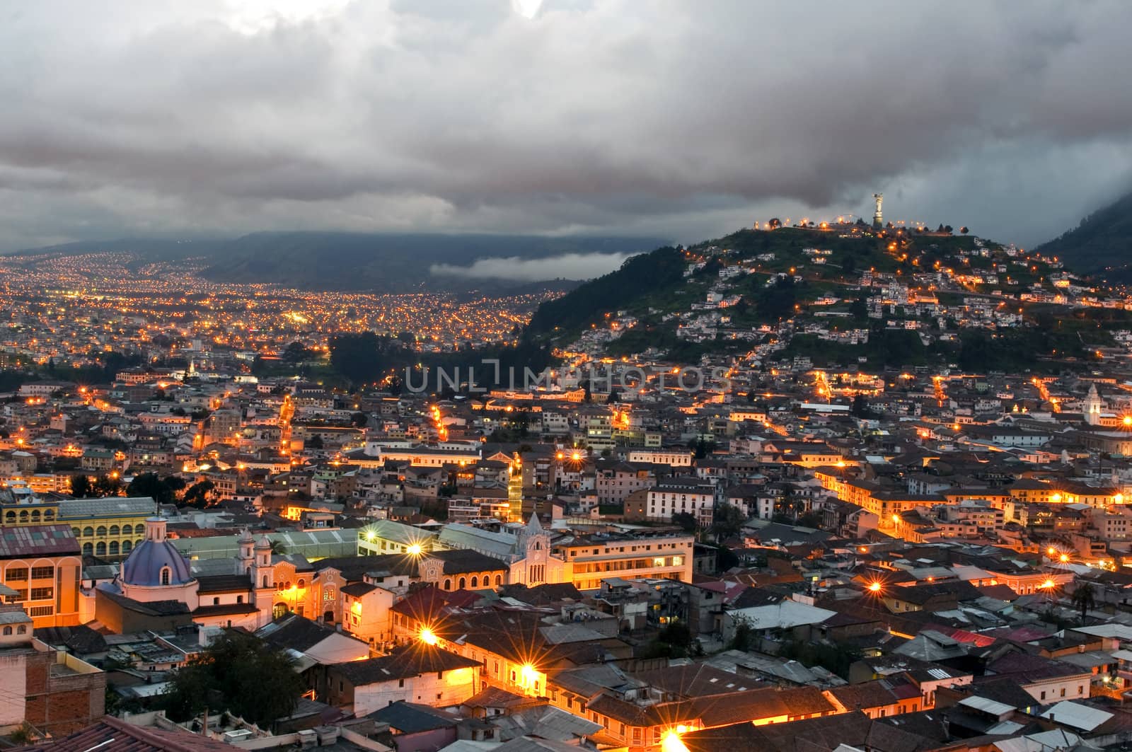 Overview of the historical center of Quito at sunset