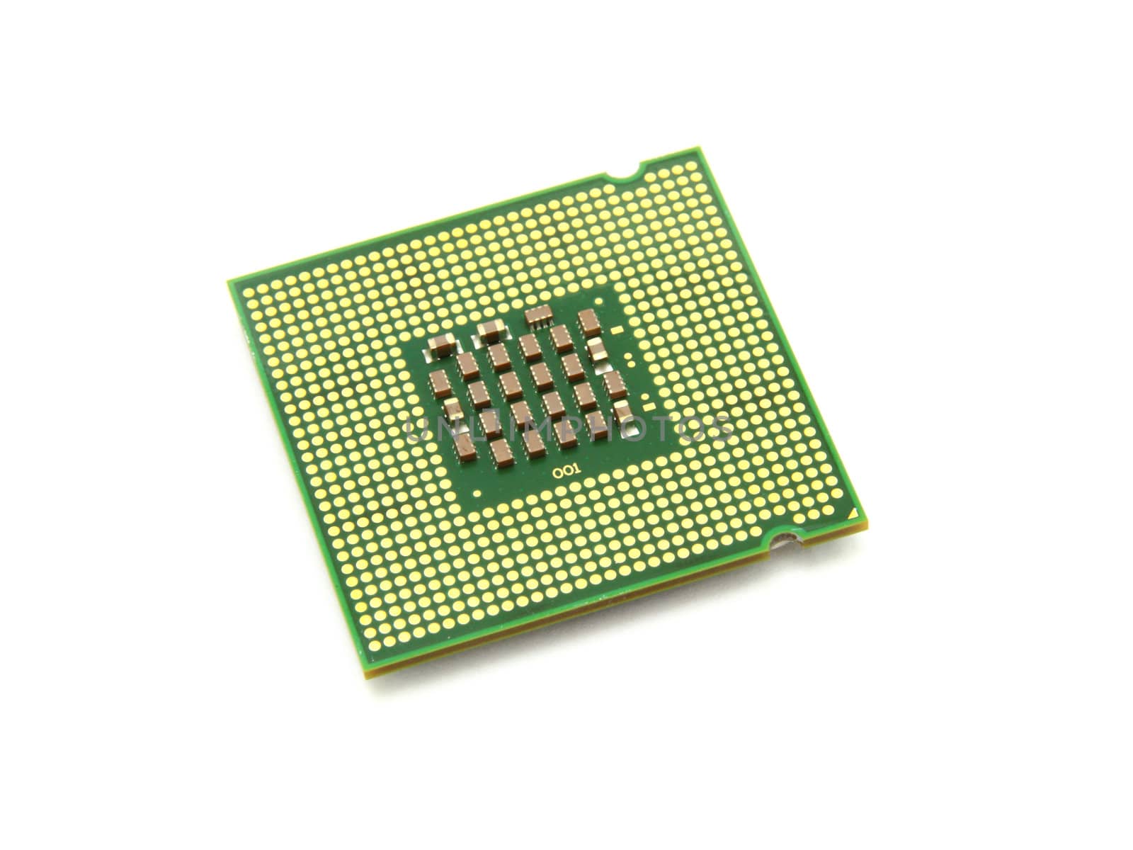 The computer the processor on a white background is isolated gold color with a microcircuit