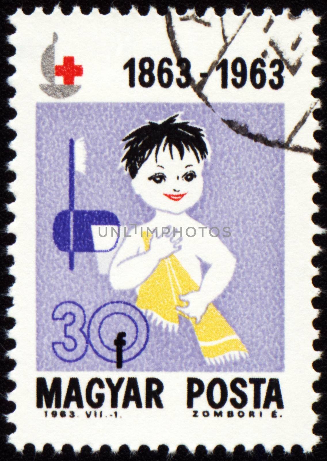 HUNGARY - CIRCA 1963: A stamp printed in Hungary, shows baby wash, circa 1963