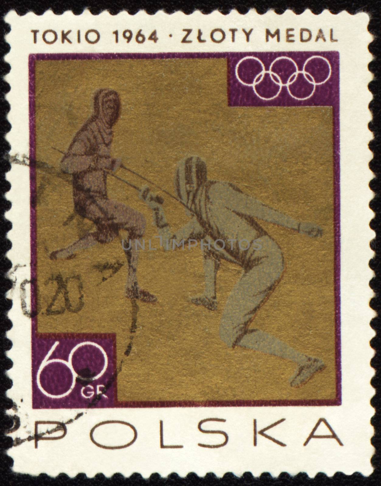 POLAND - CIRCA 1964: A post stamp printed in Poland shows two fighting fencers, devoted to Olympic games in Tokio, series, circa 1964