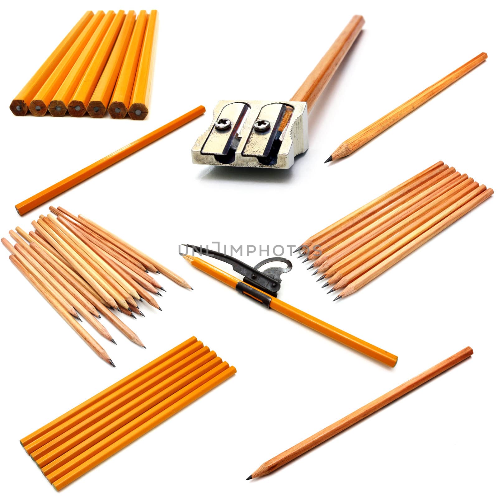 set of yellow ground pencil lies is isolated on a snow-white background