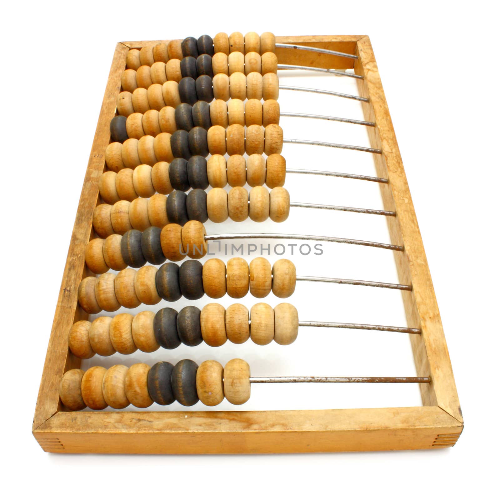 Accounting abacus for financial calculations lies on a white background