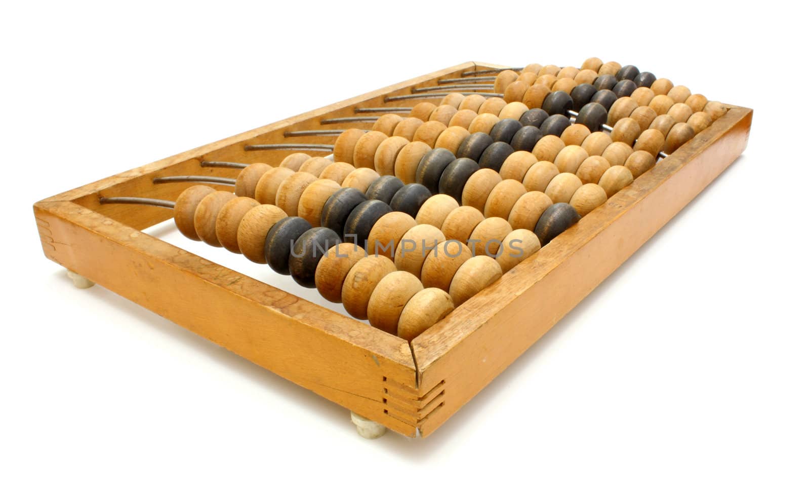 Accounting abacus for financial calculations lies on a white background
