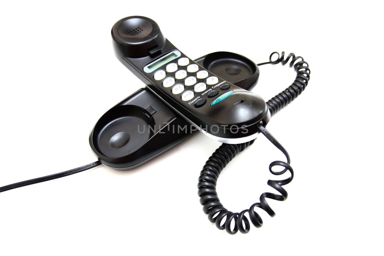 One black phone with buttons on a white background
