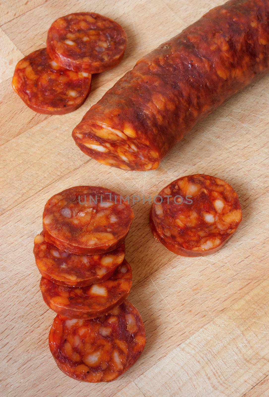 Slices of sausage for tasting, appetizer