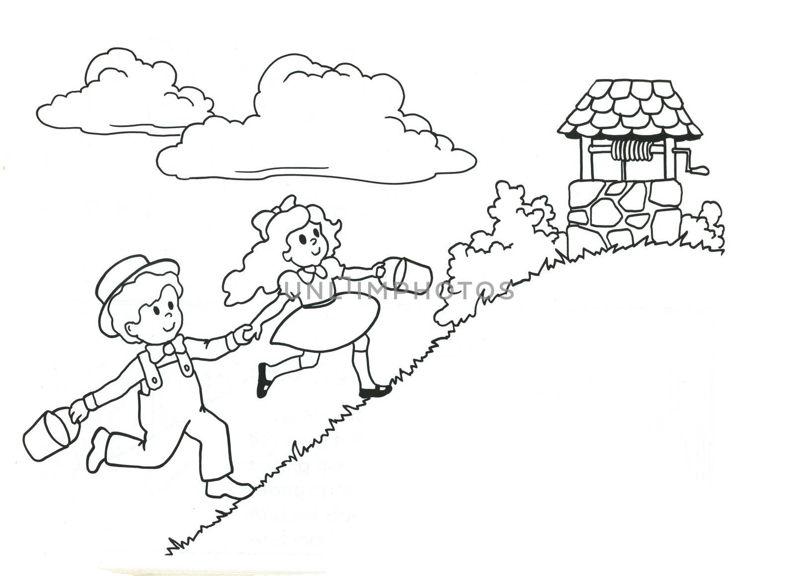 Children the boy and the girl run behind water to a well a vector