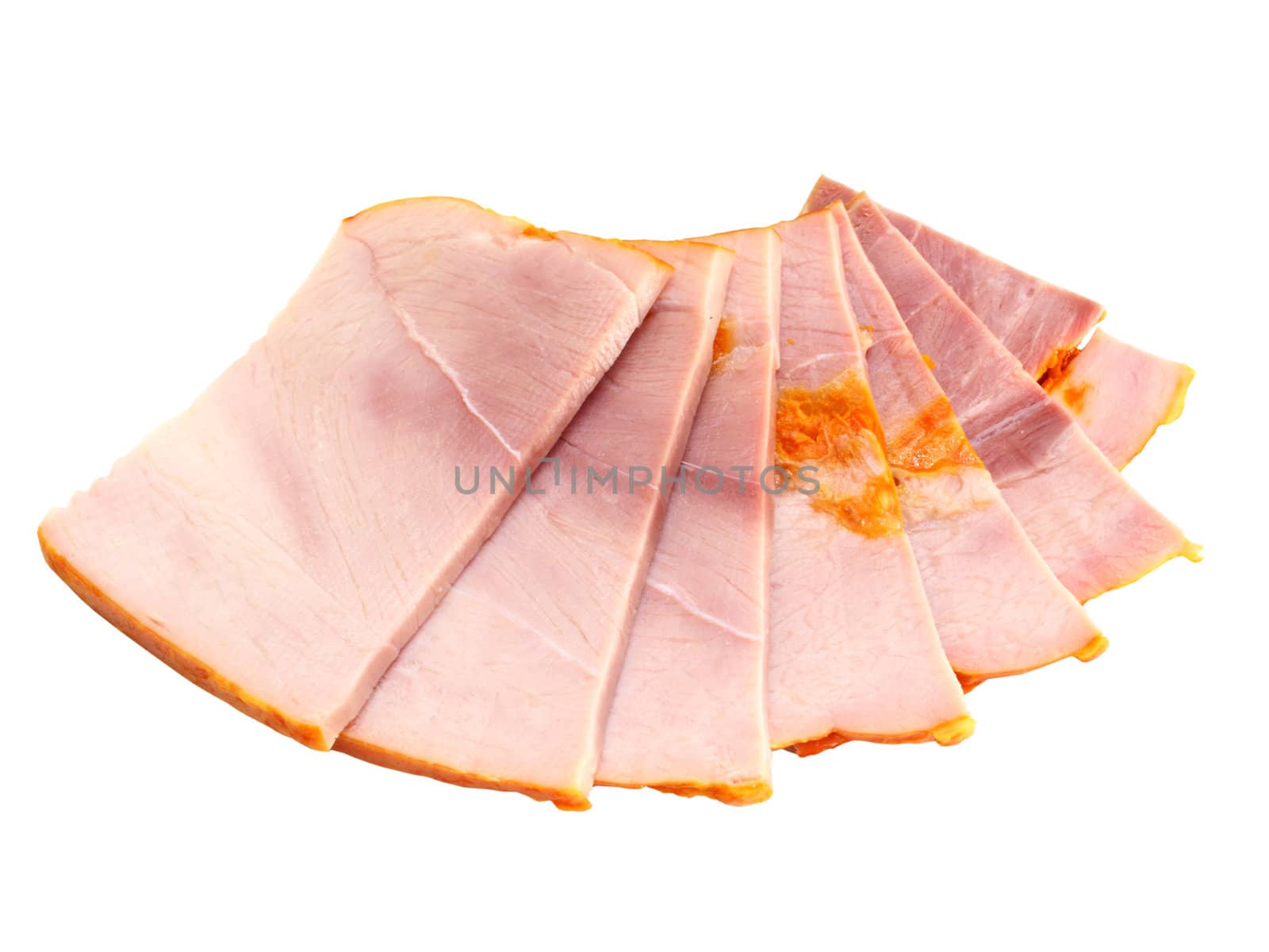 Meat sliced lies a semicircle on a white background
