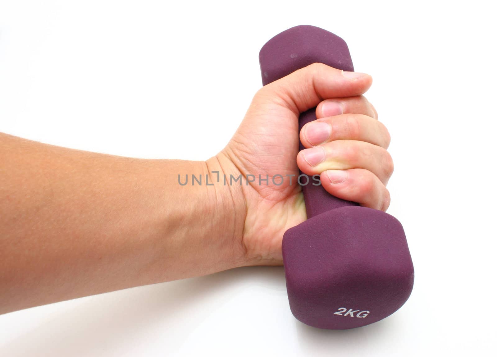 Two two kilogram dumbbells of crimson color separately on the white