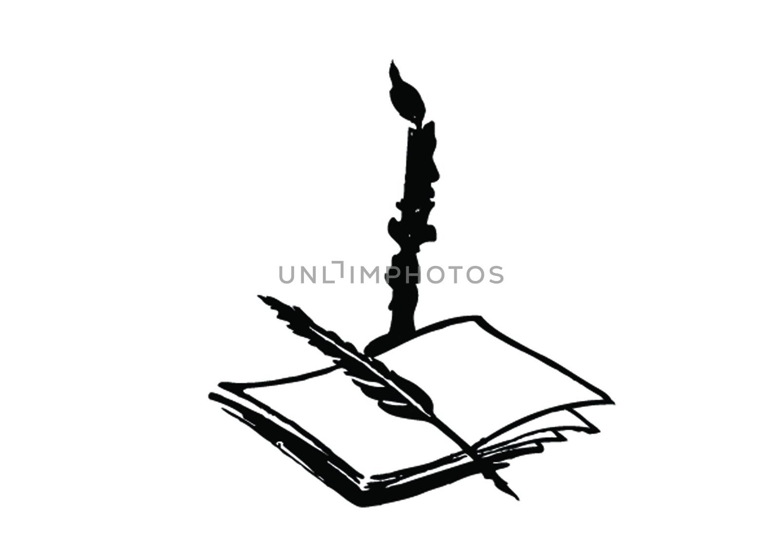 Educational theme the black-and-white book a feather and a candle - a vector