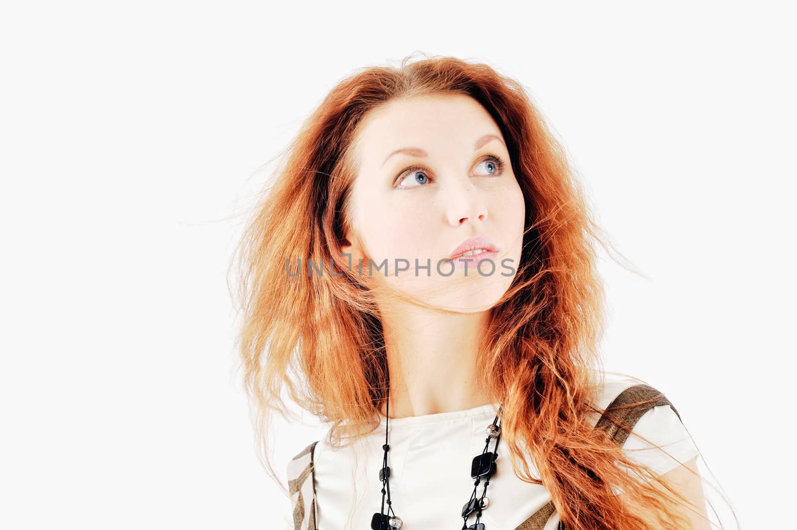 Portrait of thoughtful young woman. Isolated on white background