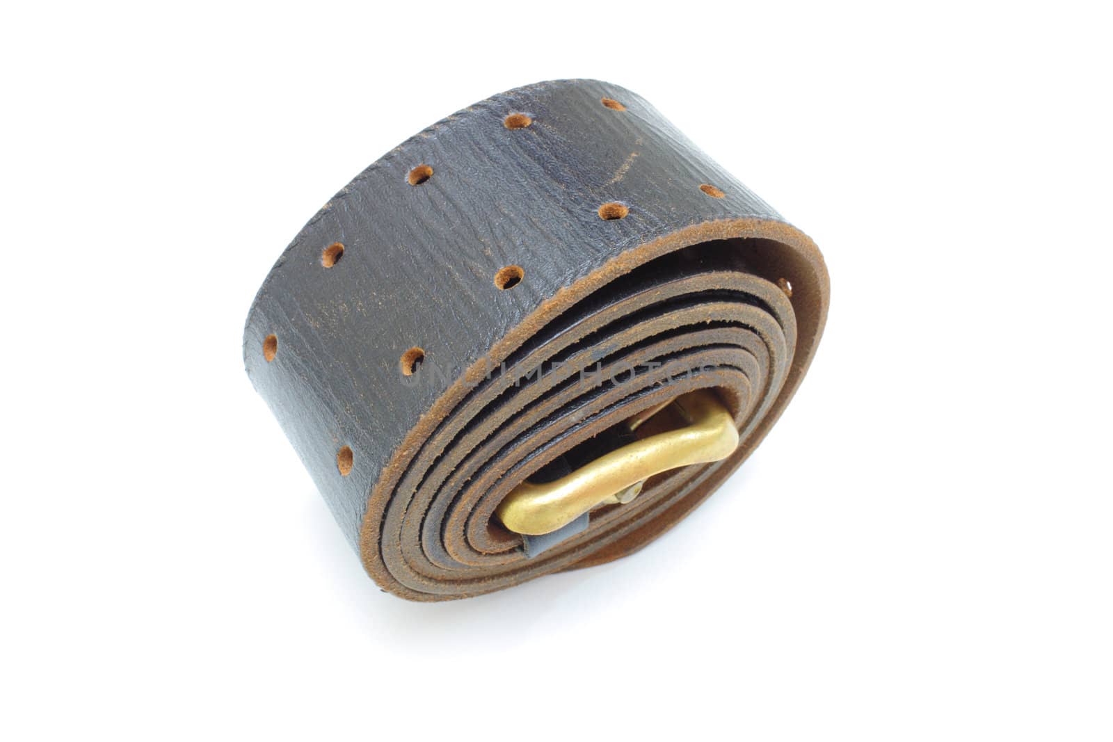 Brown officer belt braided in a roll as a roll with a metal metal plate.