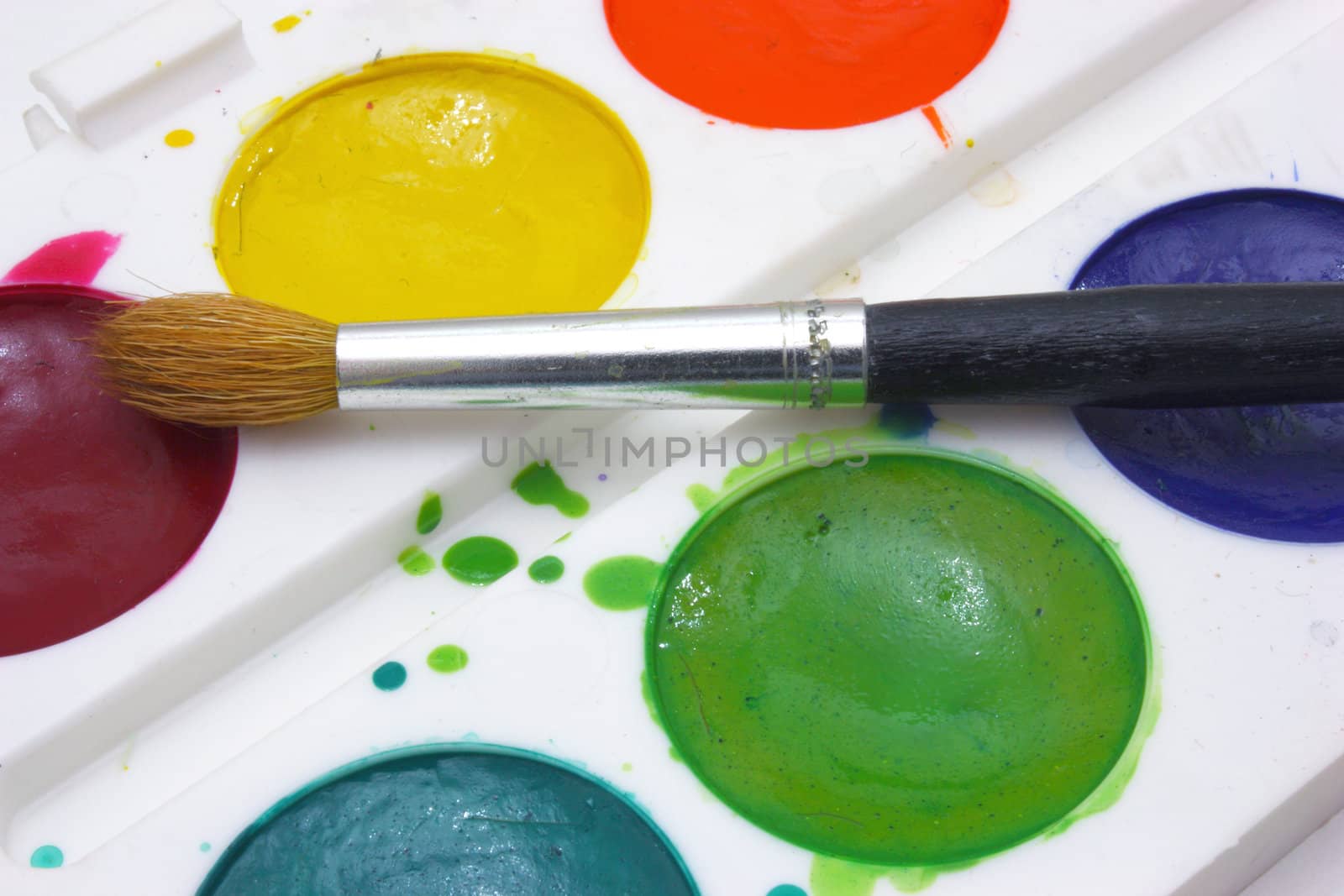 Dirty watercolor paints set with brushes after using