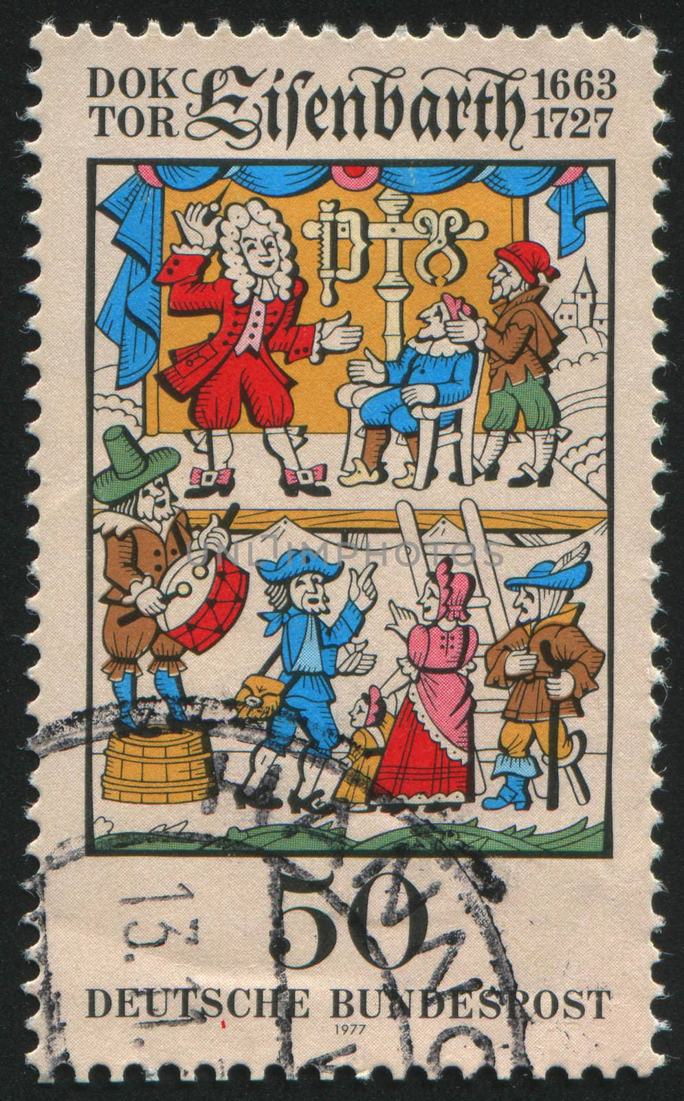 GERMANY  - CIRCA 1977: stamp printed by Germany, shows Traveling Surgeon Johann Andreas Eisenbarth, circa 1977.