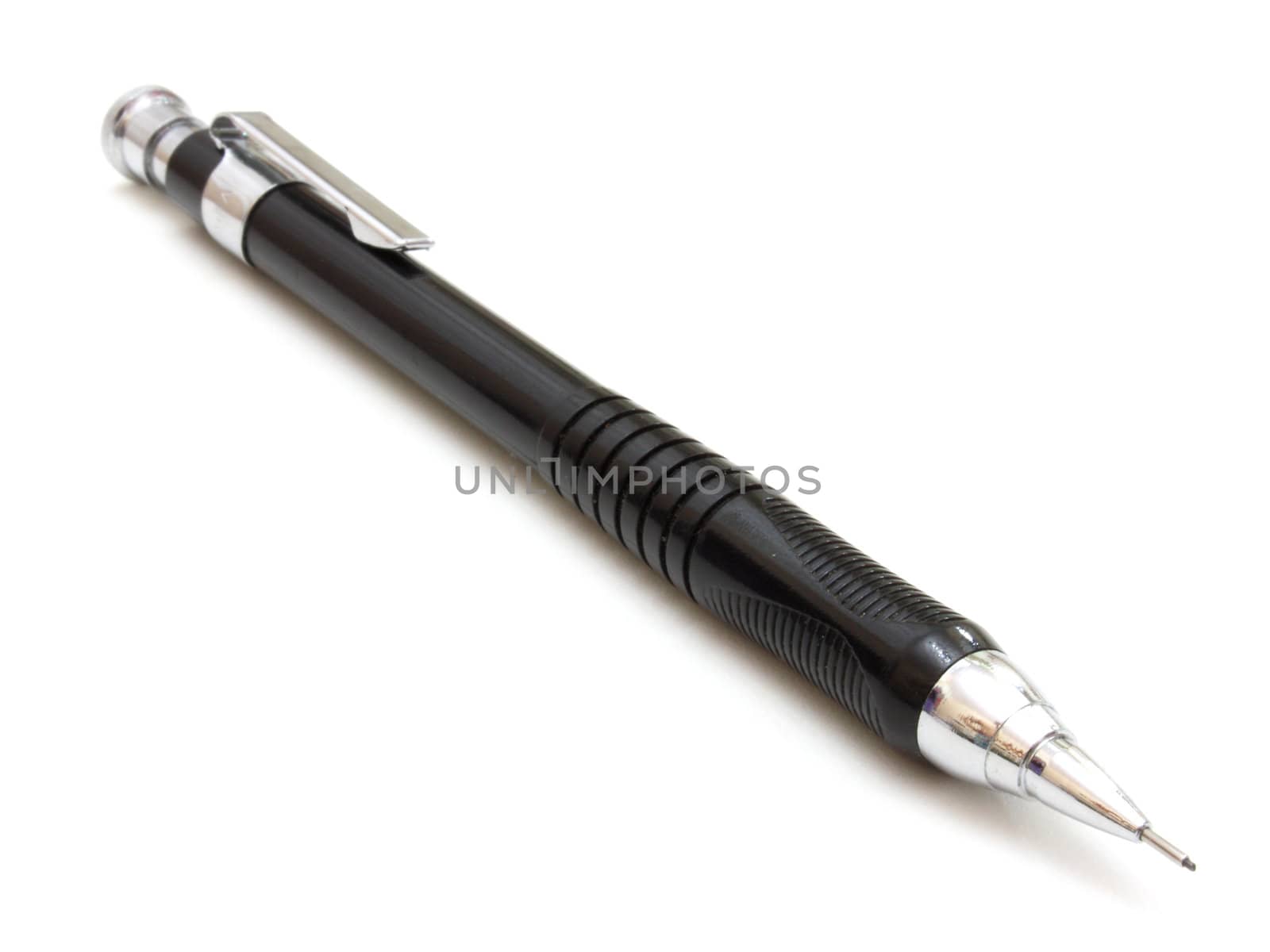 Sharp black mechanical pencil, over white background.