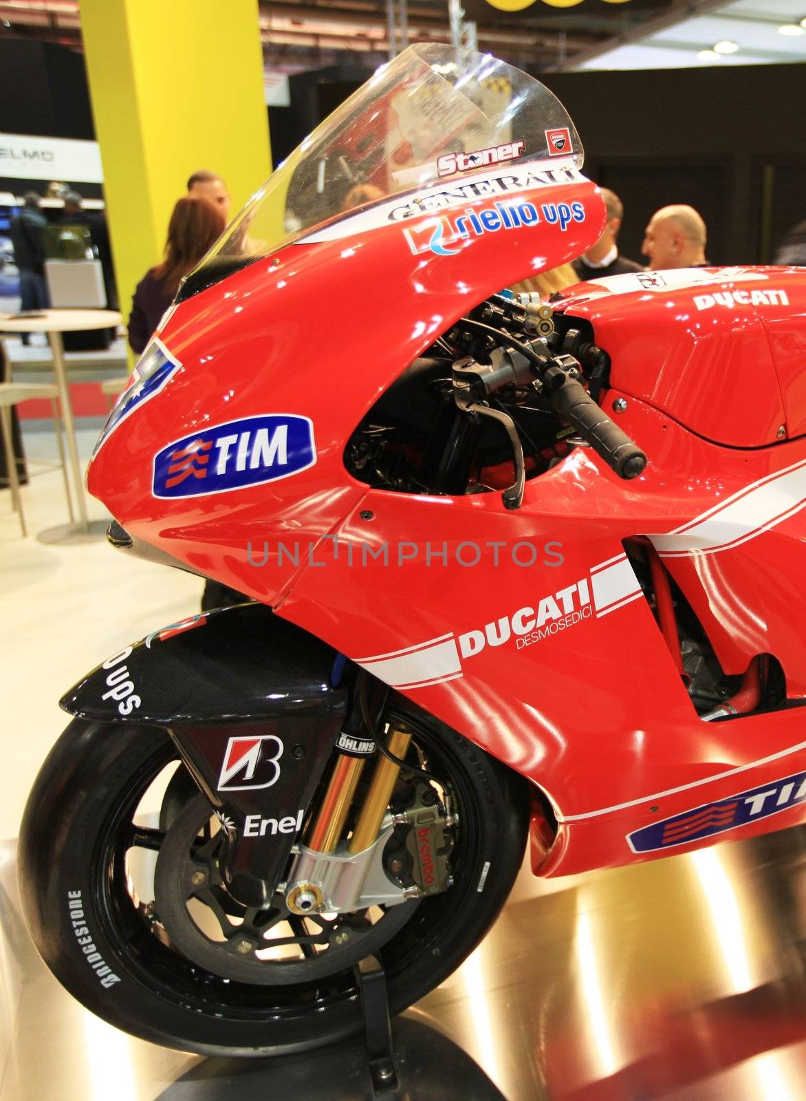 Details of motorcycles in exhibition at EICMA, International Motorcycle Exhibition in Milan, Italy.